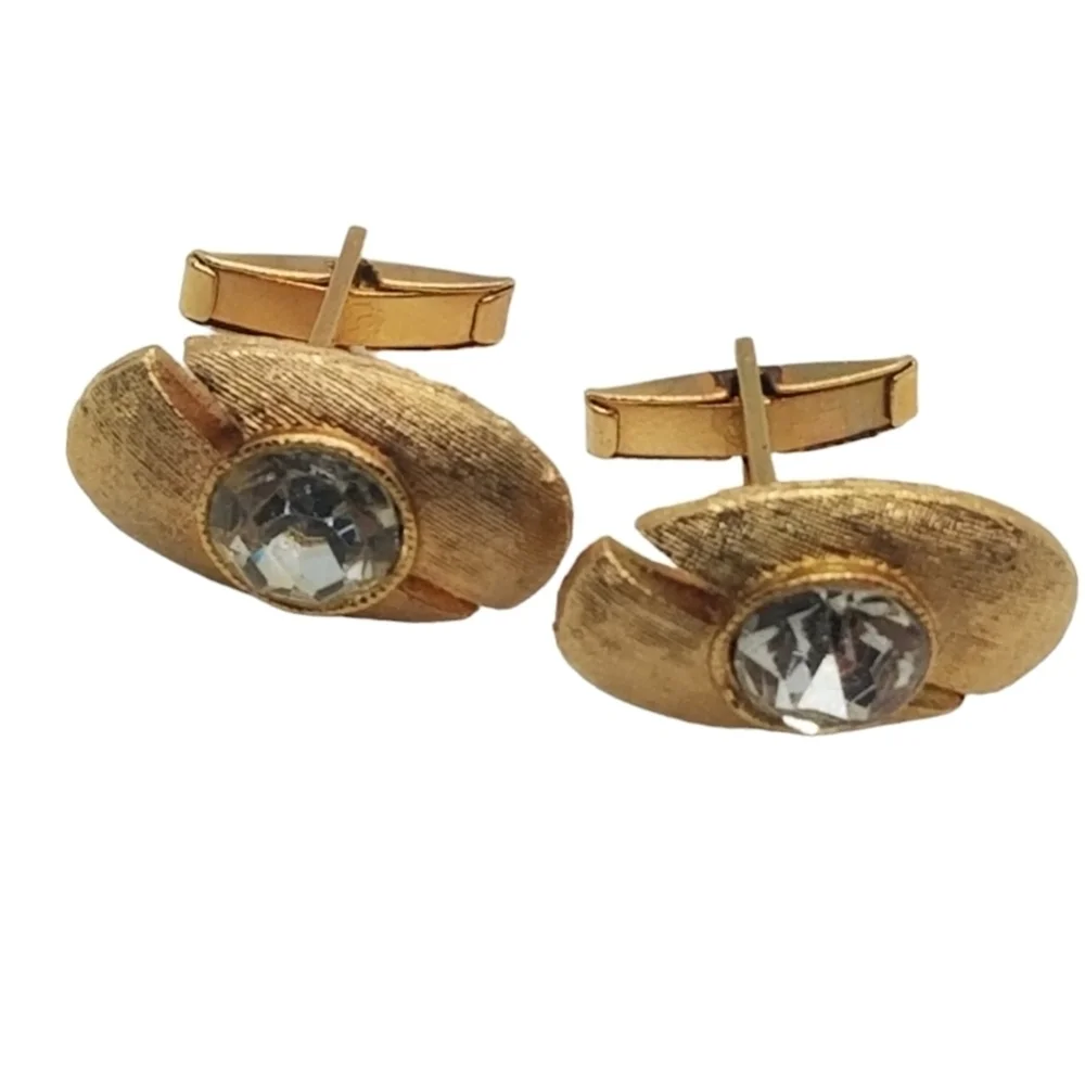 VINTAGE MID CENTURY MODERN GOLDPLATED & FACETED GLASS STONE MENS CUFFLINKS